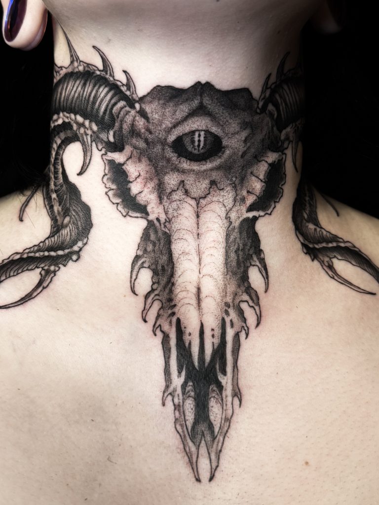 Ram Skull Illustrative Black and Grey Throat Tattoo